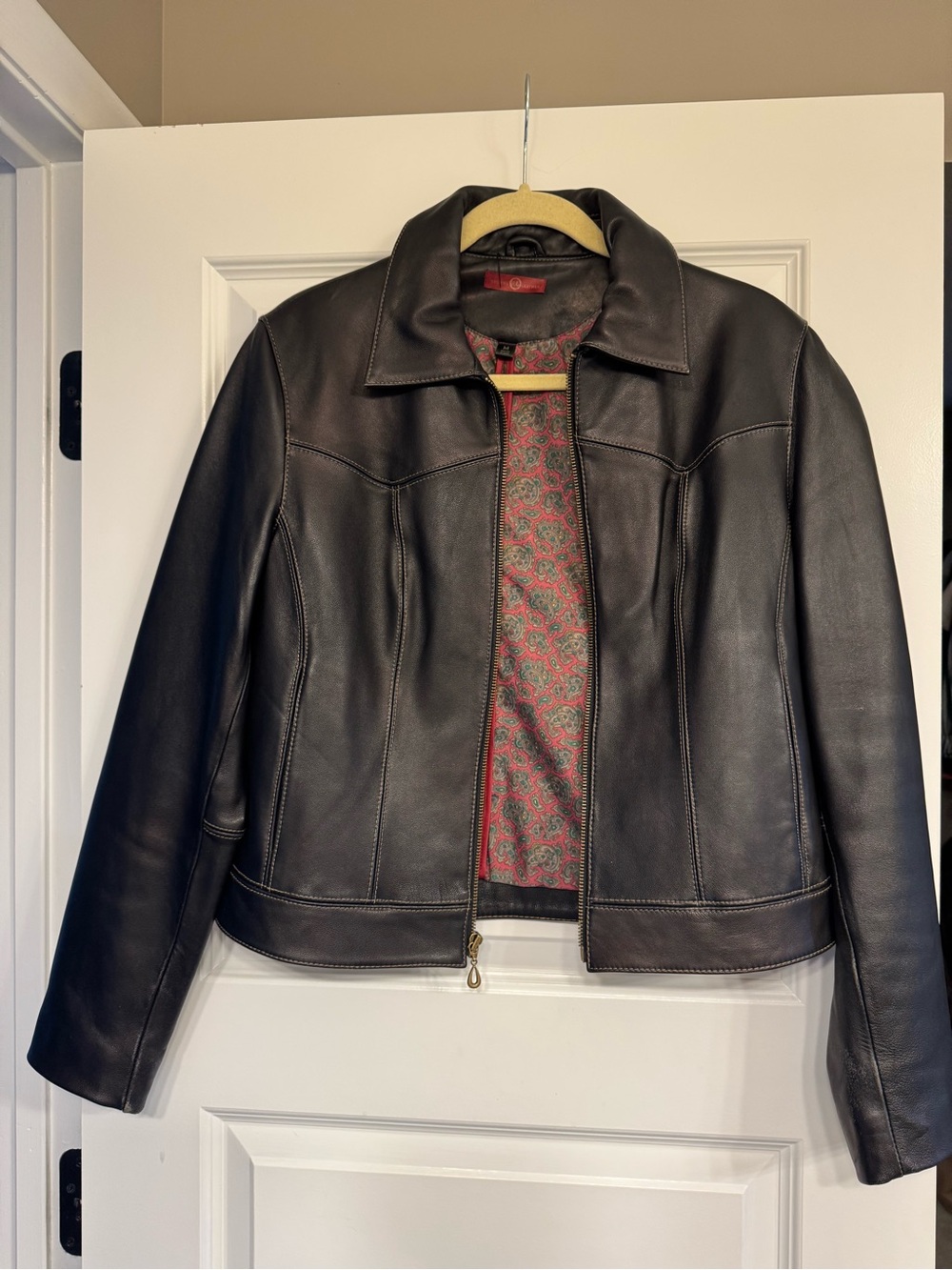 Wilson Black Leather Jacket with Paisley Red Lining